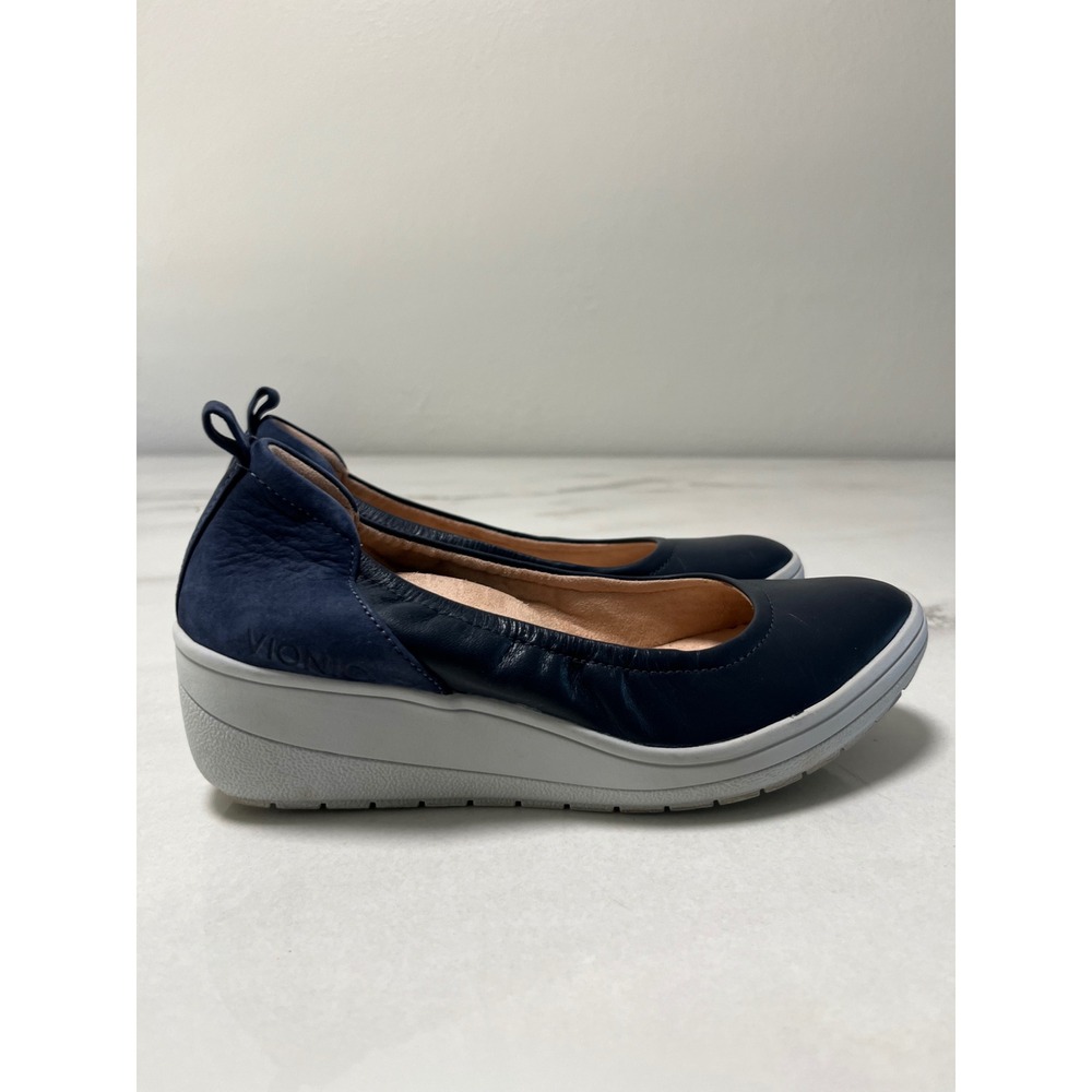 Vionic Jacey Navy Blue Leather Suede Slip On Comfort Wedge Shoes Womens 6